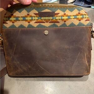 Pendleton Brown Leather & Teal Patterned Wool Crossbody Bag